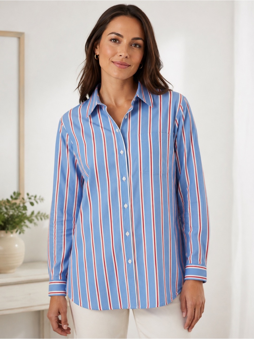 Lands' End Blue Stripe Button-Down Shirt with Red & White Trim